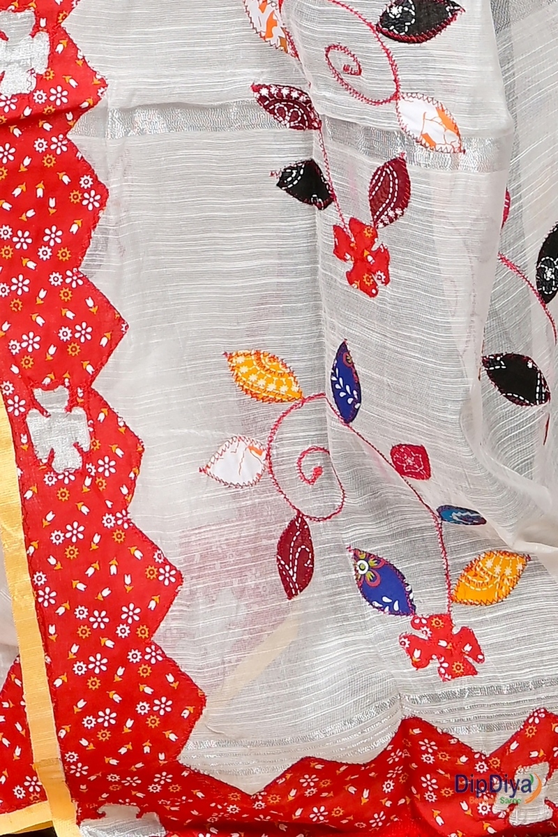 White Cotton Blended Parik Applique Saree (327)